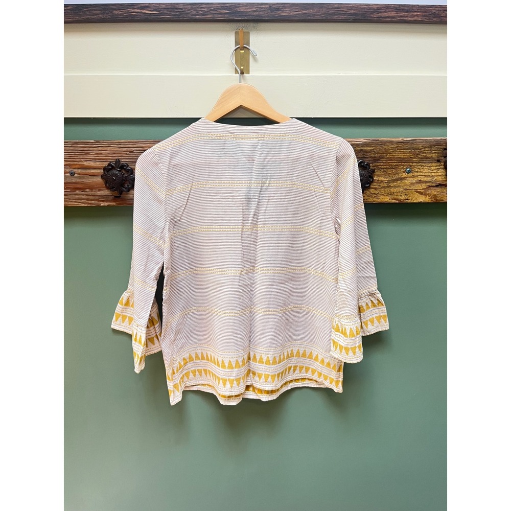 J. Jill Womens XS Striped Henley Tunic Top Yellow Embroidered Bell Sleeve Cotton - Picture 6 of 6